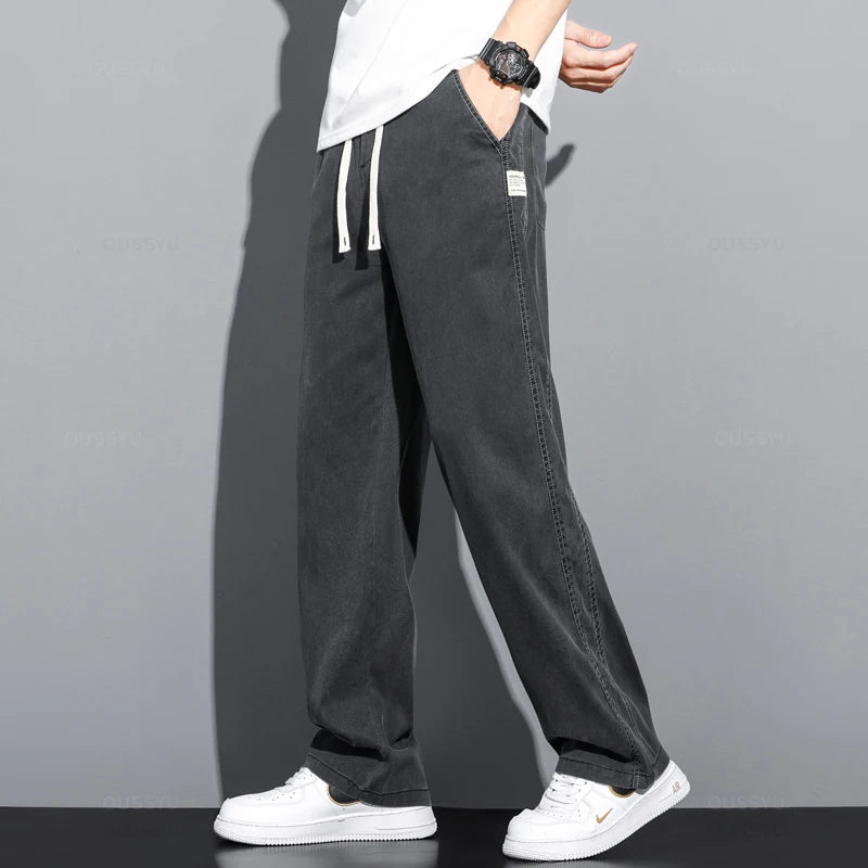 Summer Thin Soft Lyocell Fabric Jeans Men Loose Straight Wide Leg