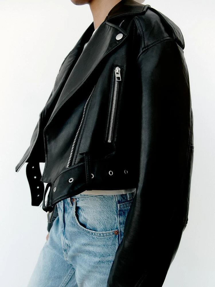 Ailegogo Spring Autumn Women Faux Pu Leather Short Jacket with Belt