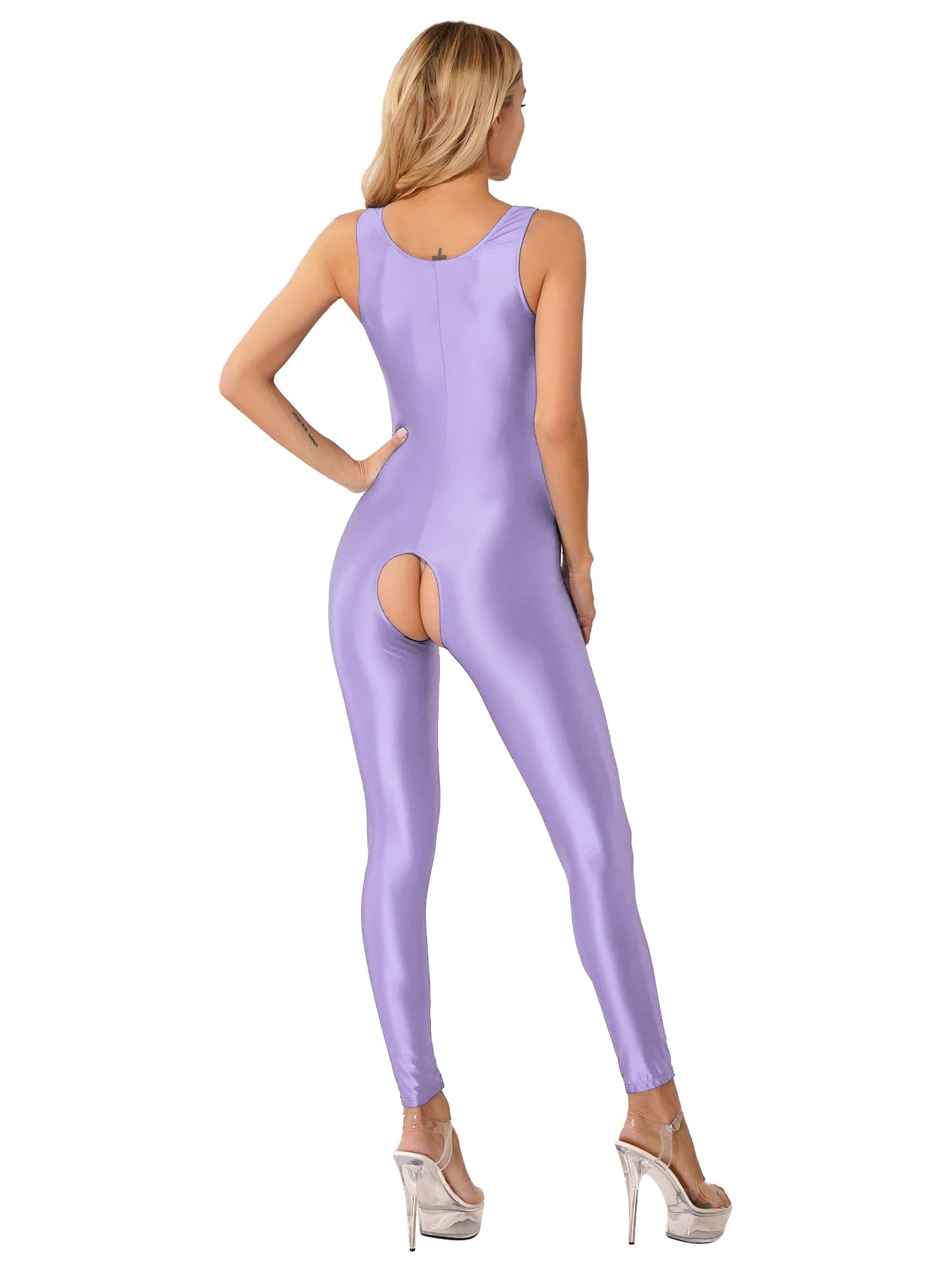 #S-XL Womens Glossy Nylon Open Crotch Tights Jumpsuits Solid Color