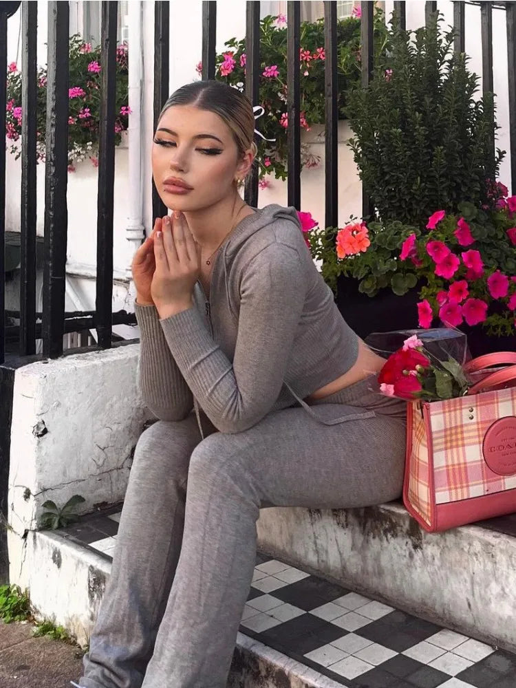 Tossy Knit Fashion 2 Piece-Set Trousers Hoodie Tracksuit Women Crop
