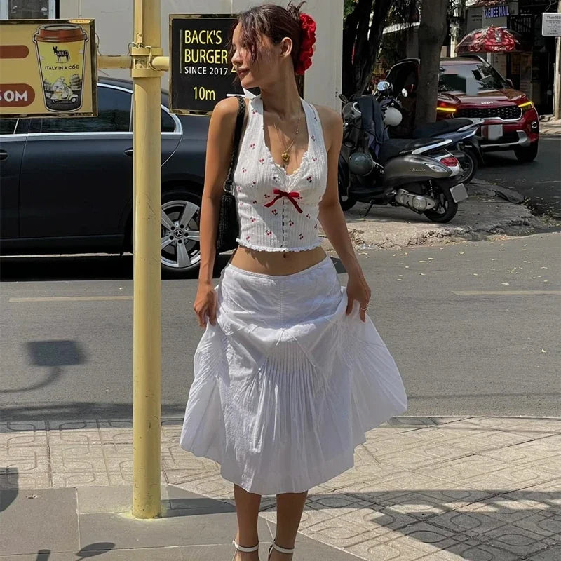 WhereMery Korean Fashion Print Halter Camis Tank Tops Summer Knitted