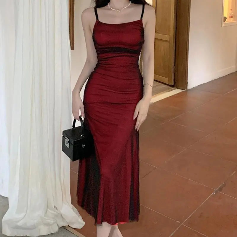French Women's Sleeveless Bodycon Corset Maxi Dress Wine Red Spaghetti