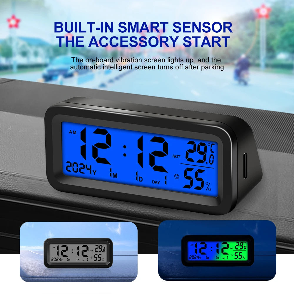 Solar Car Clocks Dashboard Thermometer Automotive Electronic Watch Led