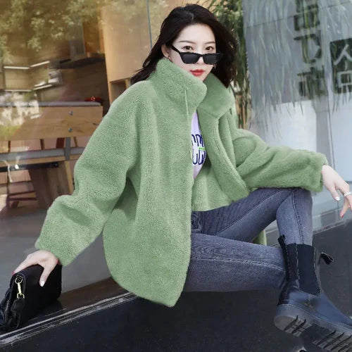 Women Winter Double Coral Fleece Warm Coat Stand Collar Plush Thick