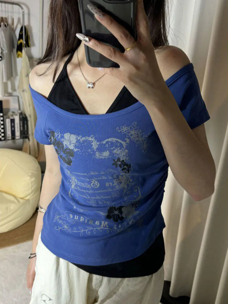 Vintage Fake Two Piece Halter Lace Up T-shirts Y2k Slim Fit Print Tops