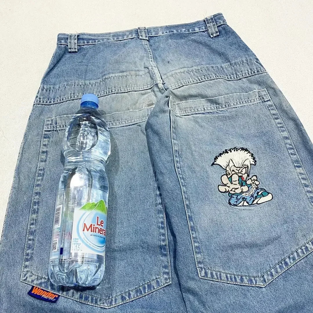 Japanese Kawaii Cartoon Characters Embroidered Light Blue Washed Baggy