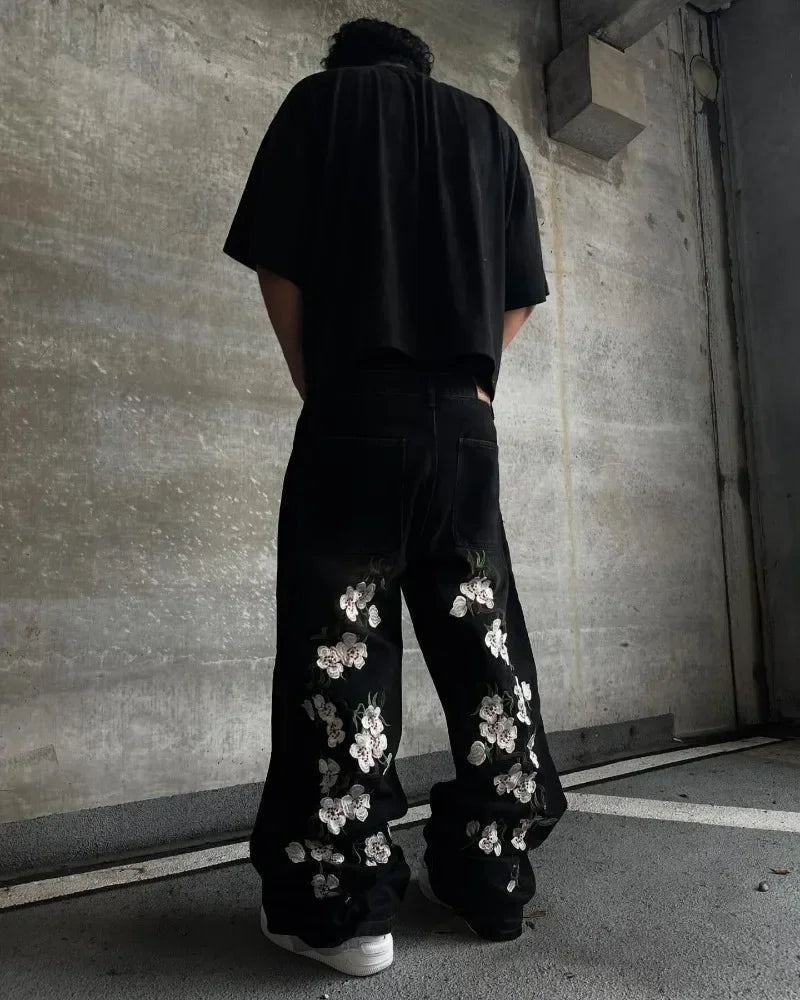 Y2K Baggy Jeans Harajuku vintage cherry blossom Embroidery high