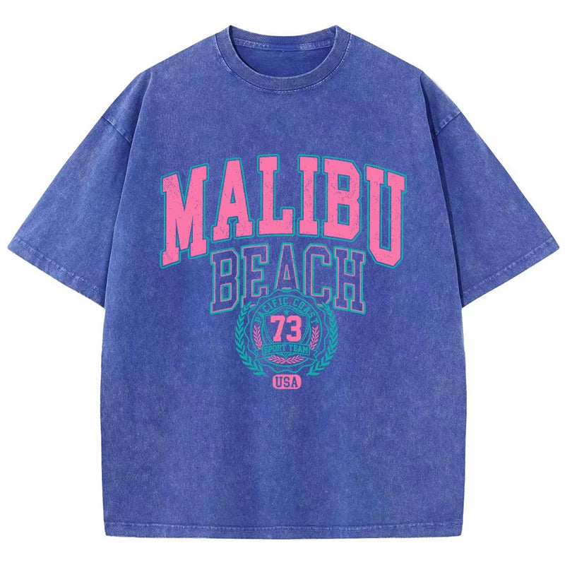 Malibu Beach Washed T-Shirt Women Letter Printing Cotton T Shirt
