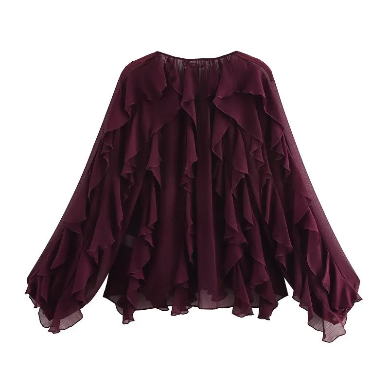 MUJER Ruffle Womens Blouses Semi Sheer Casual Blouses Woman Spring