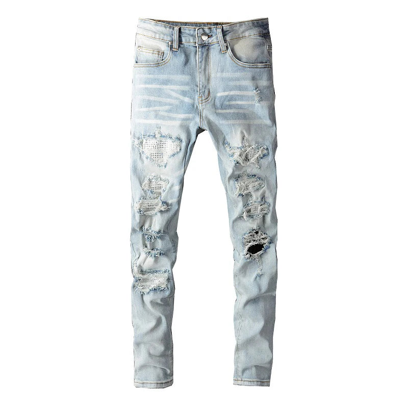 Men Crystal Holes Ripped Patchwork Jeans Streetwear Light Blue Denim