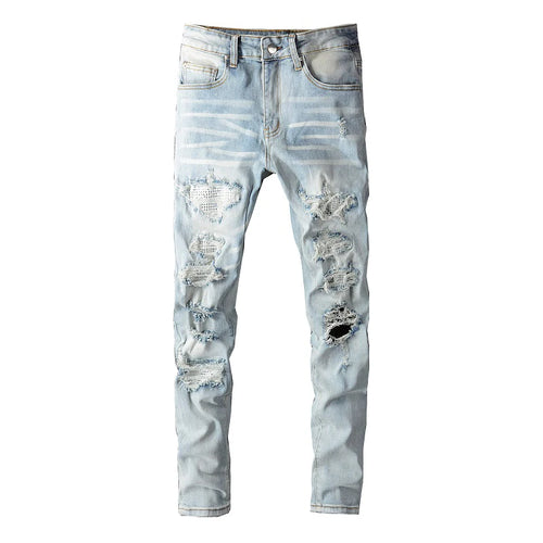 Men Crystal Holes Ripped Patchwork Jeans Streetwear Light Blue Denim