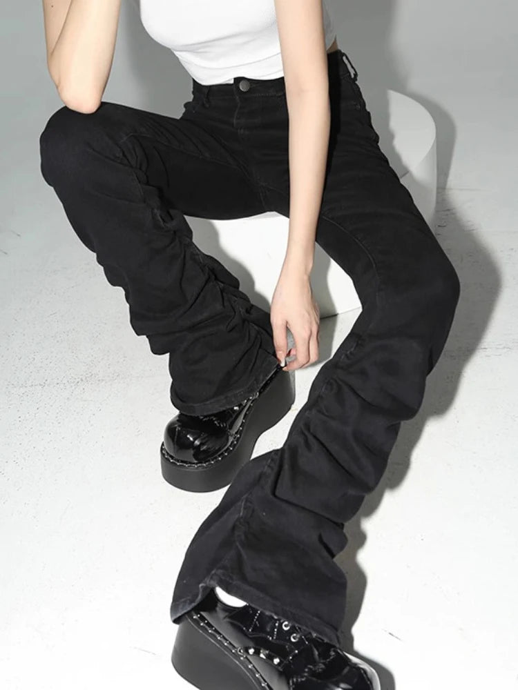 REDDACHiC Black Ruched Flare Jeans Women Solid Stretch Bootcut Stacked