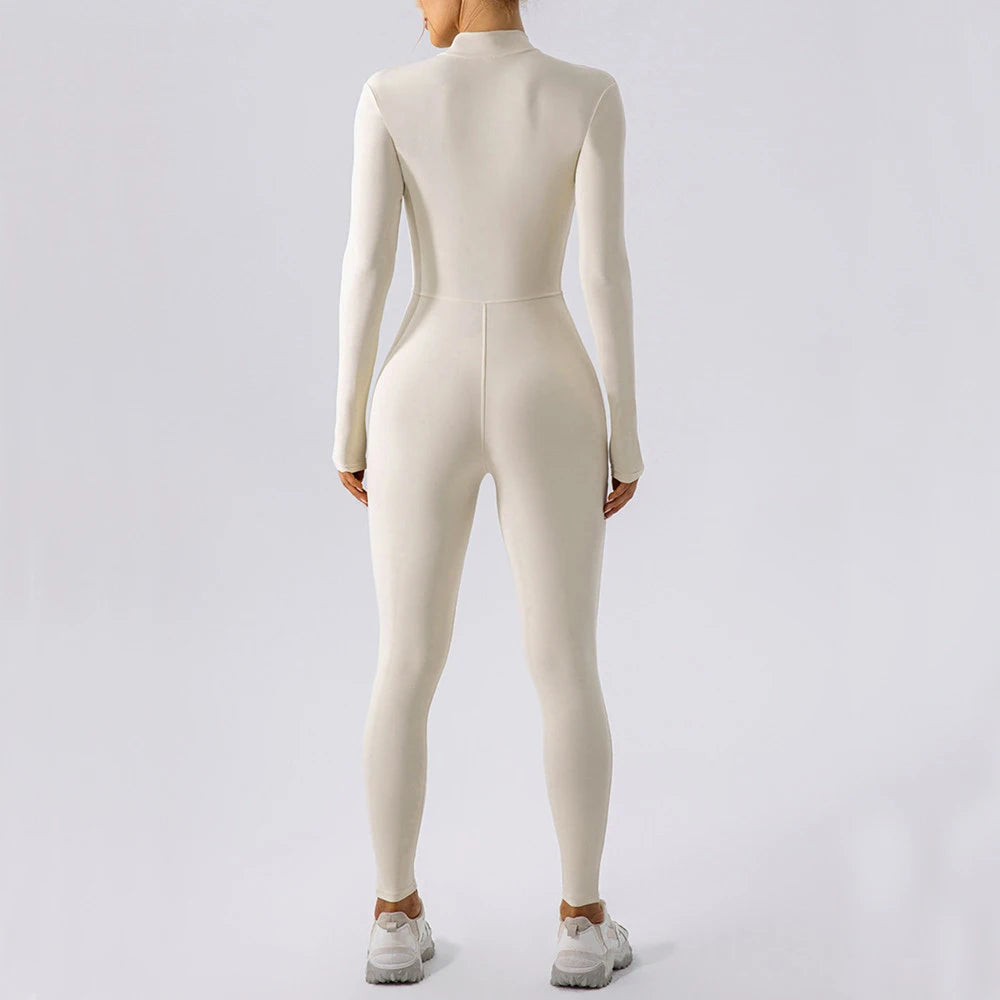 S-XL 2025 Nylon Zipper Long Sleeve Yoga Set Women One Piece Jumpsuit