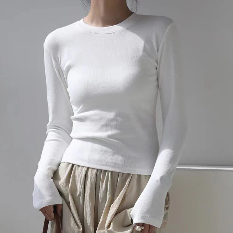Cotton O Neck Long Sleeve Shirt Women Sexy Cropped Tops 2024 Autumn