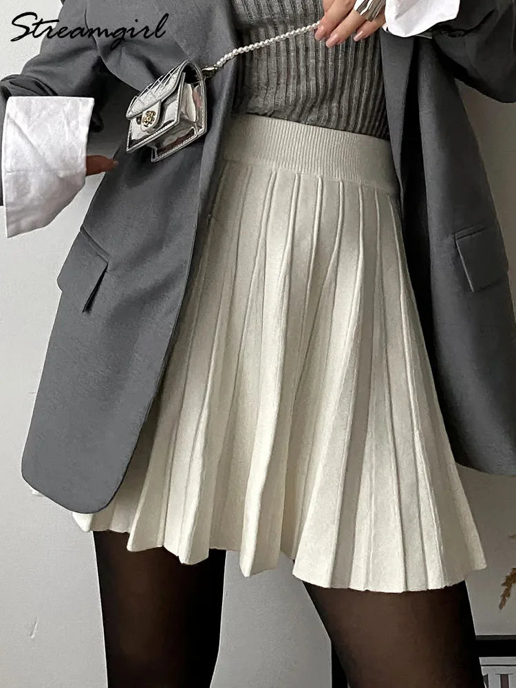 Knit Black Mini Pleated Skirts For Women A Line Winter Short Skirt