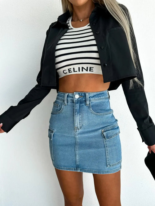 2023 Summer New Women Denim Pocket Workwear Short Skirt Fashion High