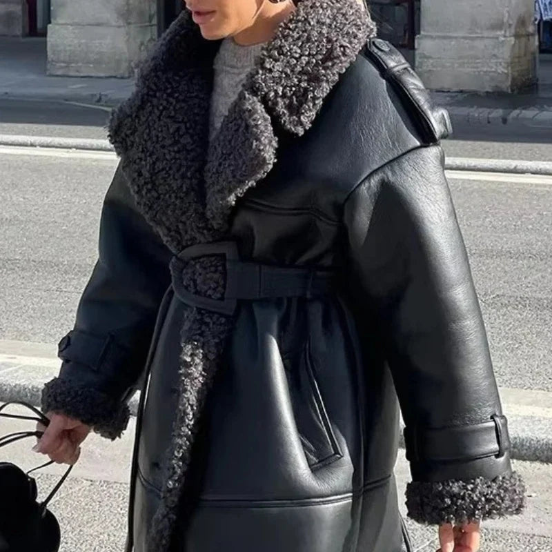 Faux Fur Leather Long Jacket Women Lapel Long Sleeve Belt Thicken Female Coats Winter Fashion Street Patchwork Lady Outwear