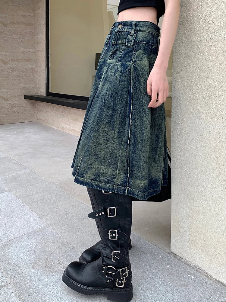 S-4XL Women Jeans Skirts Summer New High Waist A-Line Pleated Loose