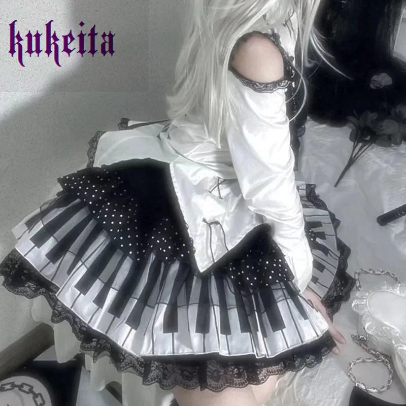 Kukeita Harajuku Y2k Punk Piano Key Wave Dot Lace Skirt Japanese