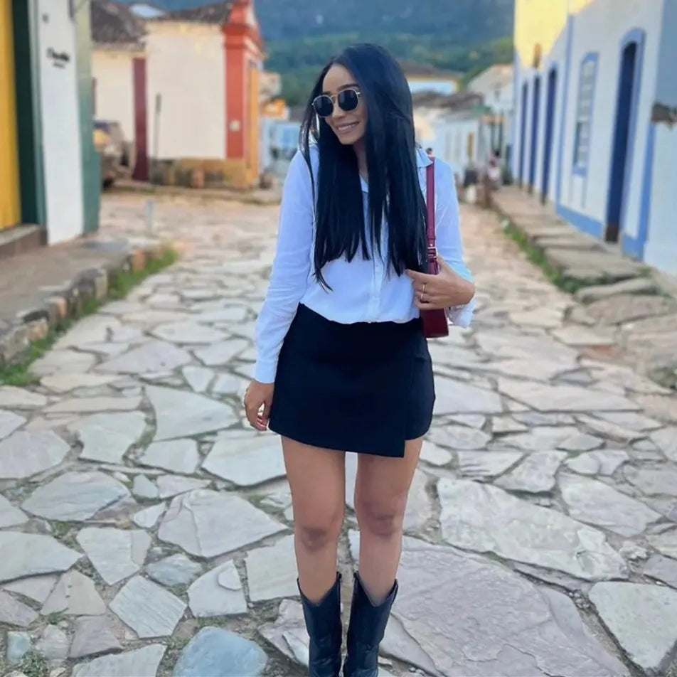 TRAF 2024 Asymmetric Skort For Women Black High Waist Mini Skirt