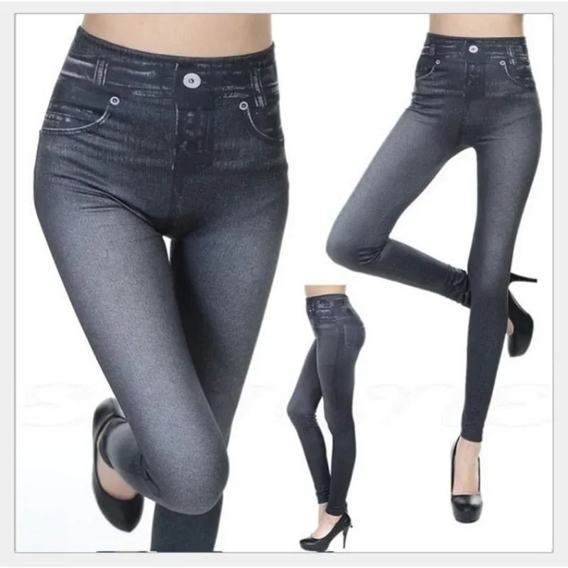Women Leggings 2023 Fashion Faux Denim Jeans Leggings Sexy Long Pocket