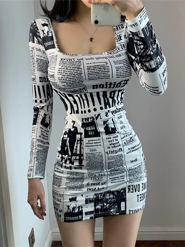 Hot-selling Printed Europe Newspaper Sexy Mini Dress 2020 Autumn New