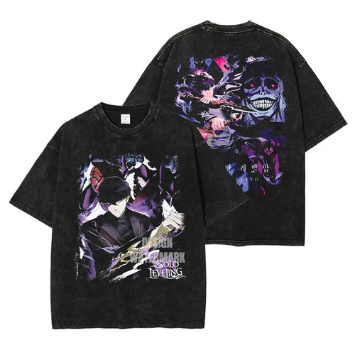 Anime S-Solo L-Leveling Shirts Vintage Washed Sung Jin-Woo T-shirt