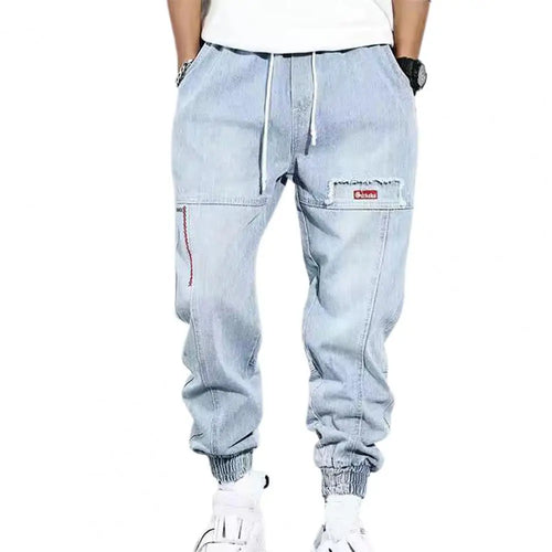 Loose Denim Pants Men Jeans Solid Color Drawstring Waist Harem Pants