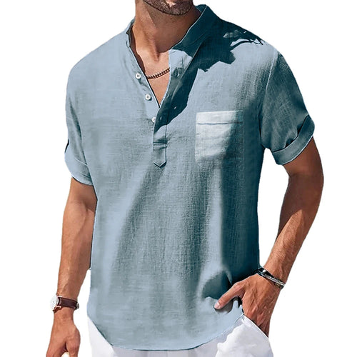 New Men's Casual Stand Up Collar Summer Solid Color Short Sleeve Linen