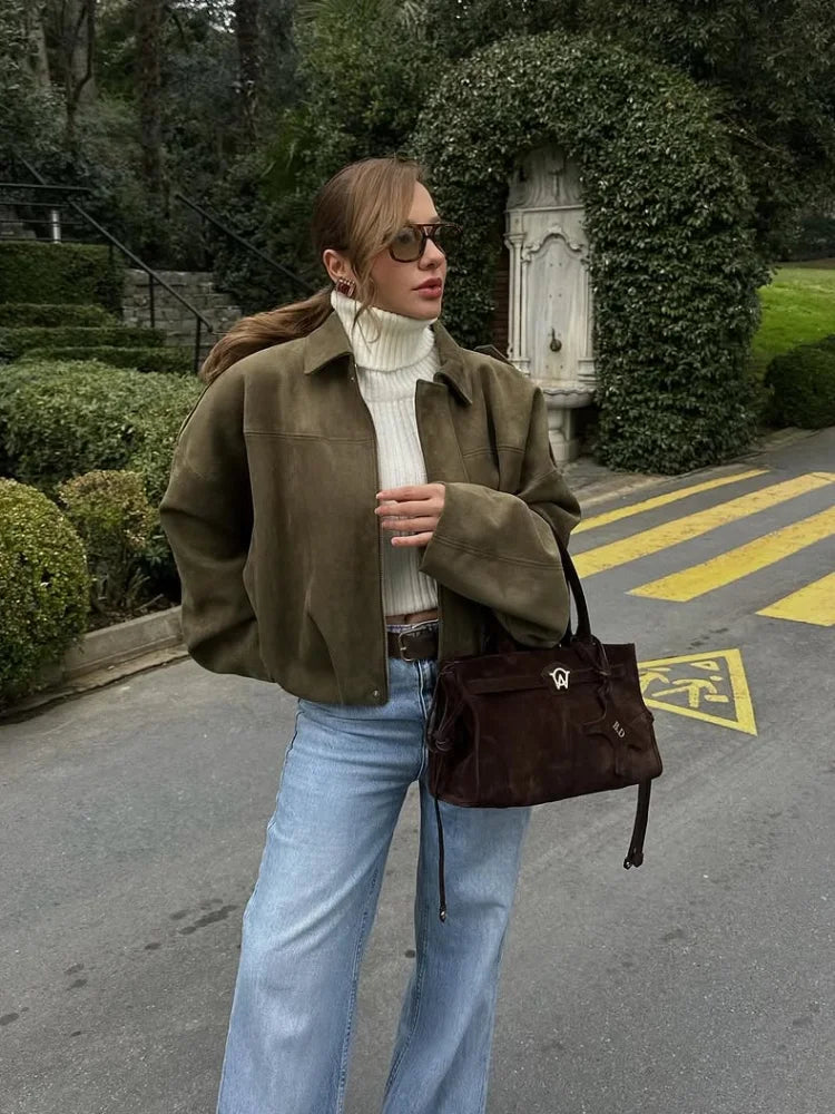 Women Green Suede Short Jacket Fashion Full Sleeve Zipper Lapel Pocket
