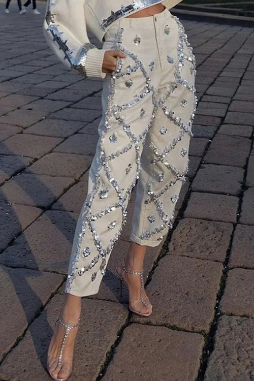 Sequin Decor Straight Leg Denim Jeans for Women High Wait Elegant