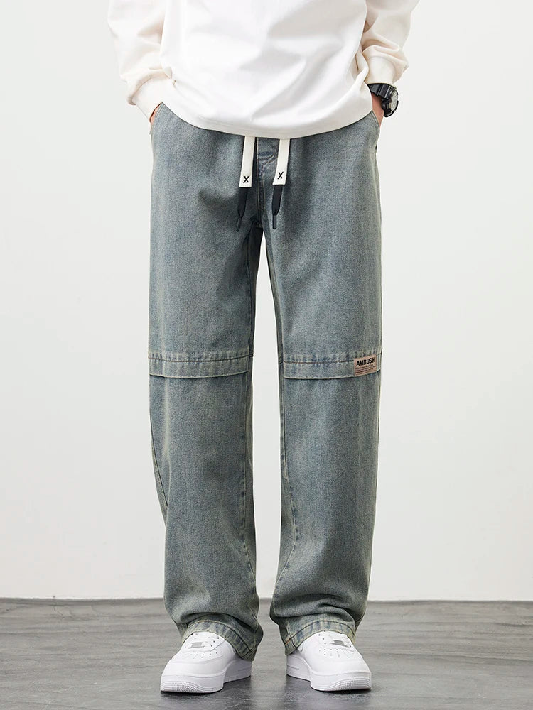 2024 New Retro Blue Men's Jeans Large Size String Banding Wide Leg