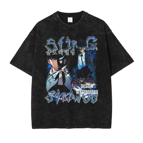 Anime S-Solo L-Leveling Shirts Vintage Washed Sung Jin-Woo T-shirt