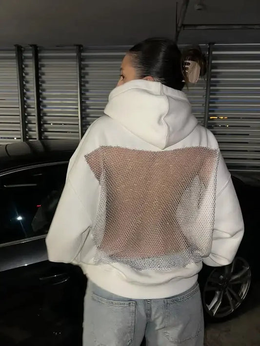 Y2K Womens Clothes Gothic Sexy Hollow Mesh Hoodie Fashion Translucent Pullover Sweatshirt Casual Long Sleeves Jacket Streetwear