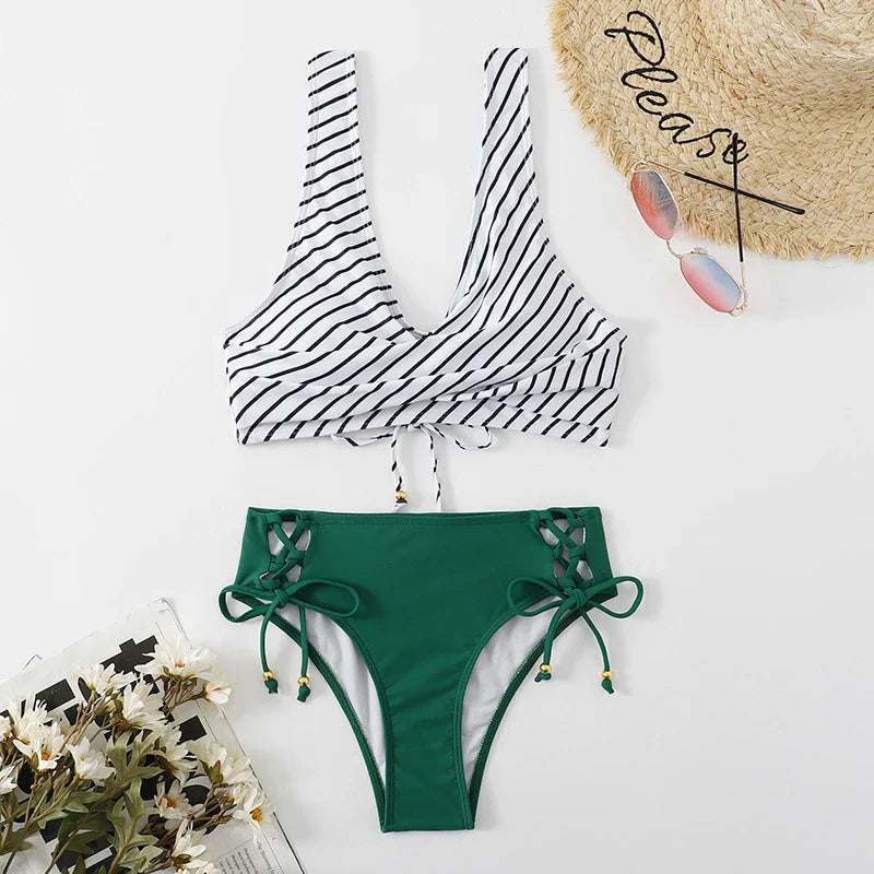 Vintage Printing Bikini Set Women Swimwear Cross Pleated Backless Lace Up Bikini Push Up 2025 New Beach Two Piece Bathing Suit
