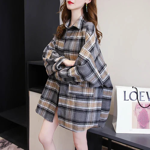 Plaid Shirt Women Autumn Long Sleeve Top Female Vintage Fashion Single