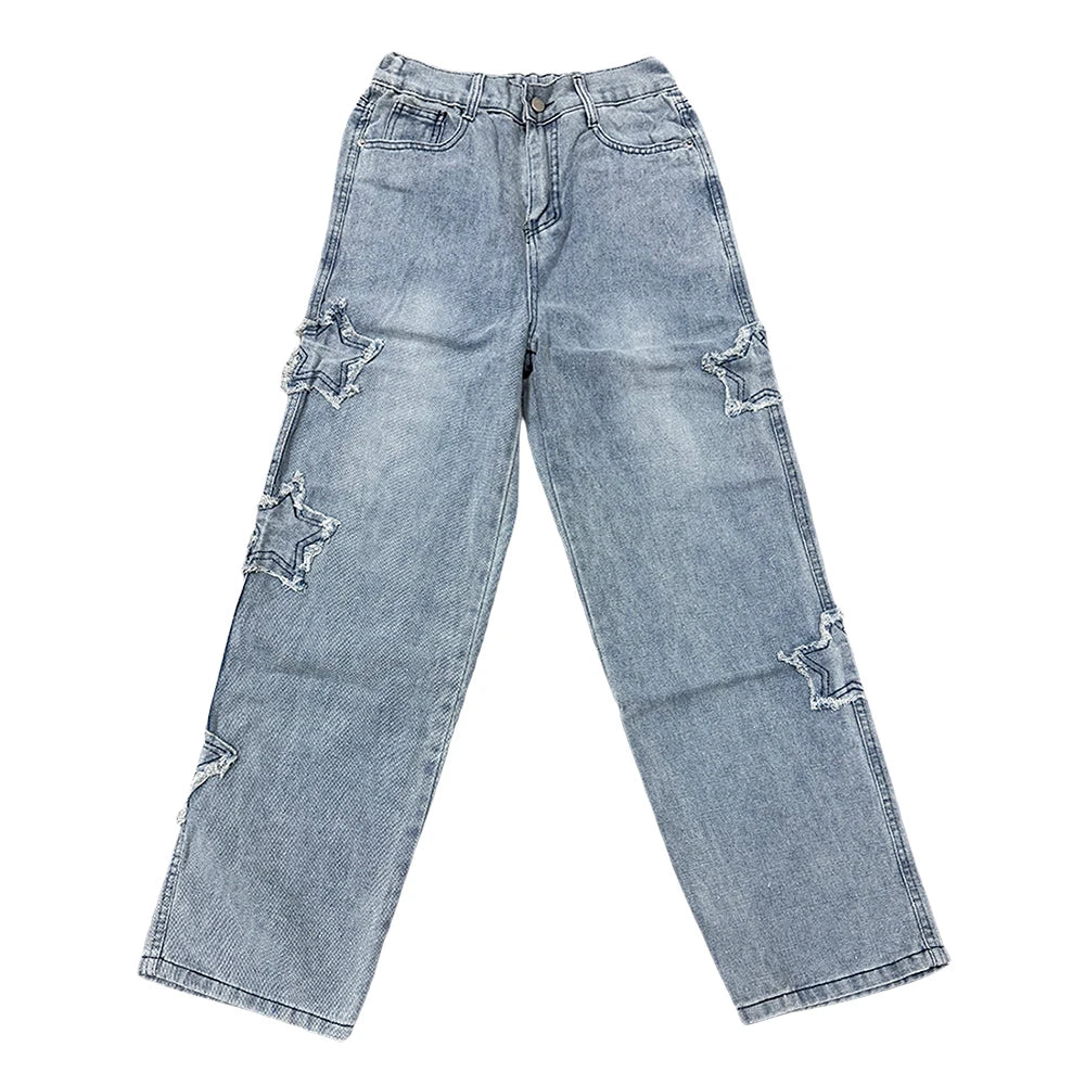 Stars Patchwork Men Jeans New Fashion Y2K Tassel Pants Korea Clothes