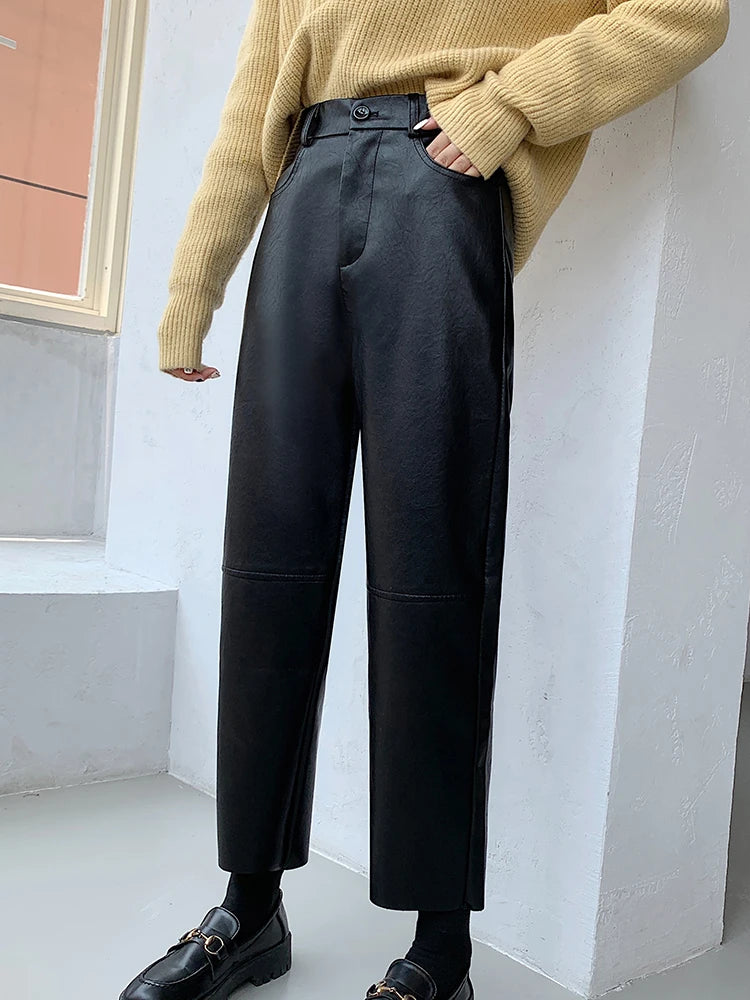 QOERLIN Fall Winter PU Leather Pants Women Elegant High Waist Pockets