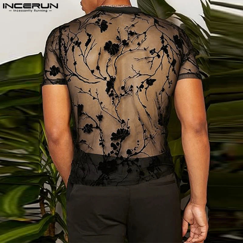 2023 Men T Shirt Mesh Striped O-neck Short Sleeve Transparent Men