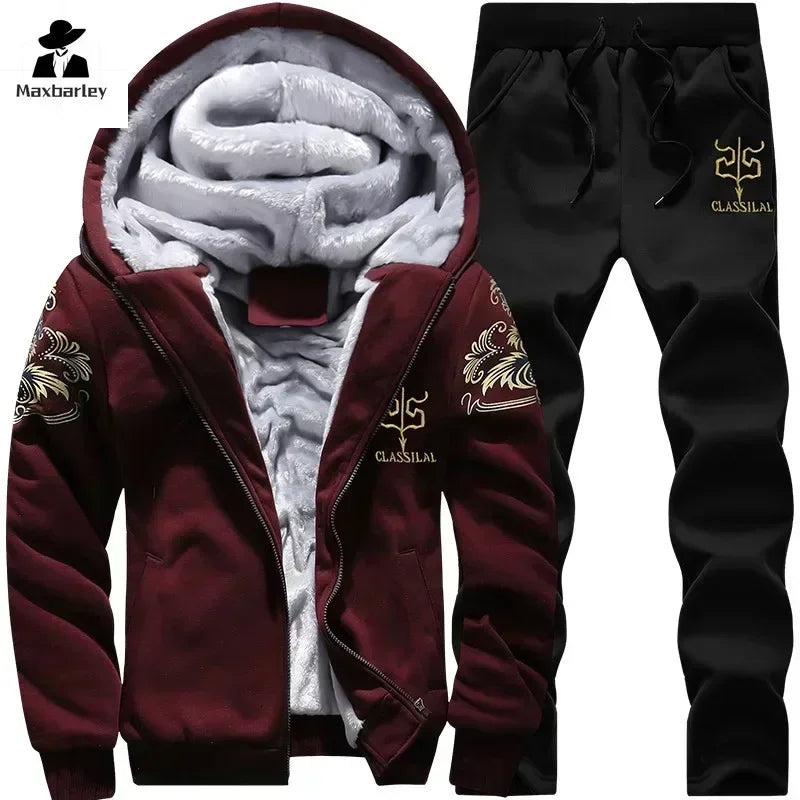 2024 New Winter Thick Men Sports Suit Tracksuit Hooded Sportswear