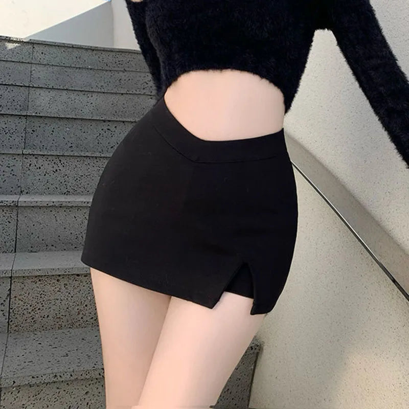 Black Split Mini Skirts Women Summer Sexy Club High Waist Slit Skirt