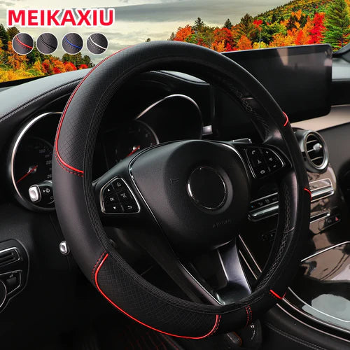 A leather embosed red blue strip trim car without inner ring steering