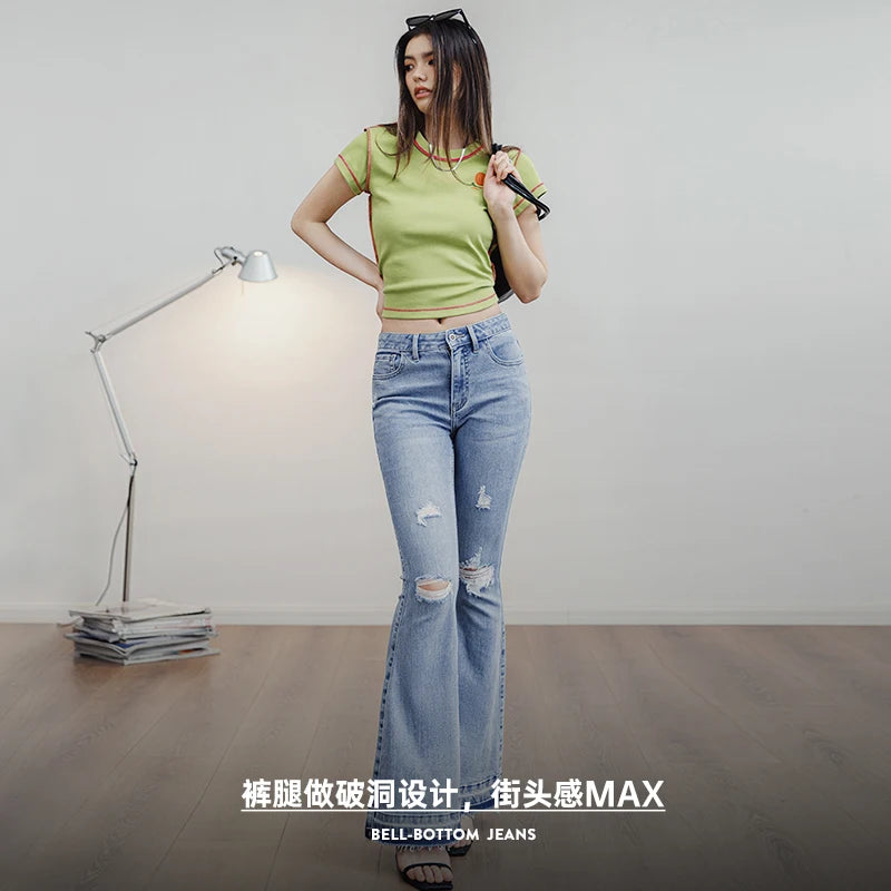 Maden Ripped Light Blue Bell-Bottom Jeans for Women Vintage Slim Pants