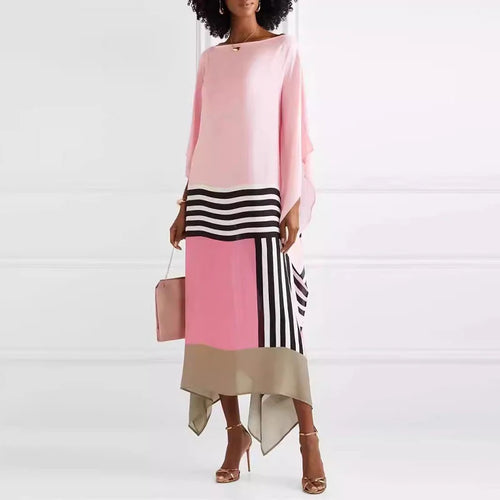 Candy Stripe Print Patchwork Kaftan Dresses Women’s Spring Round Neck
