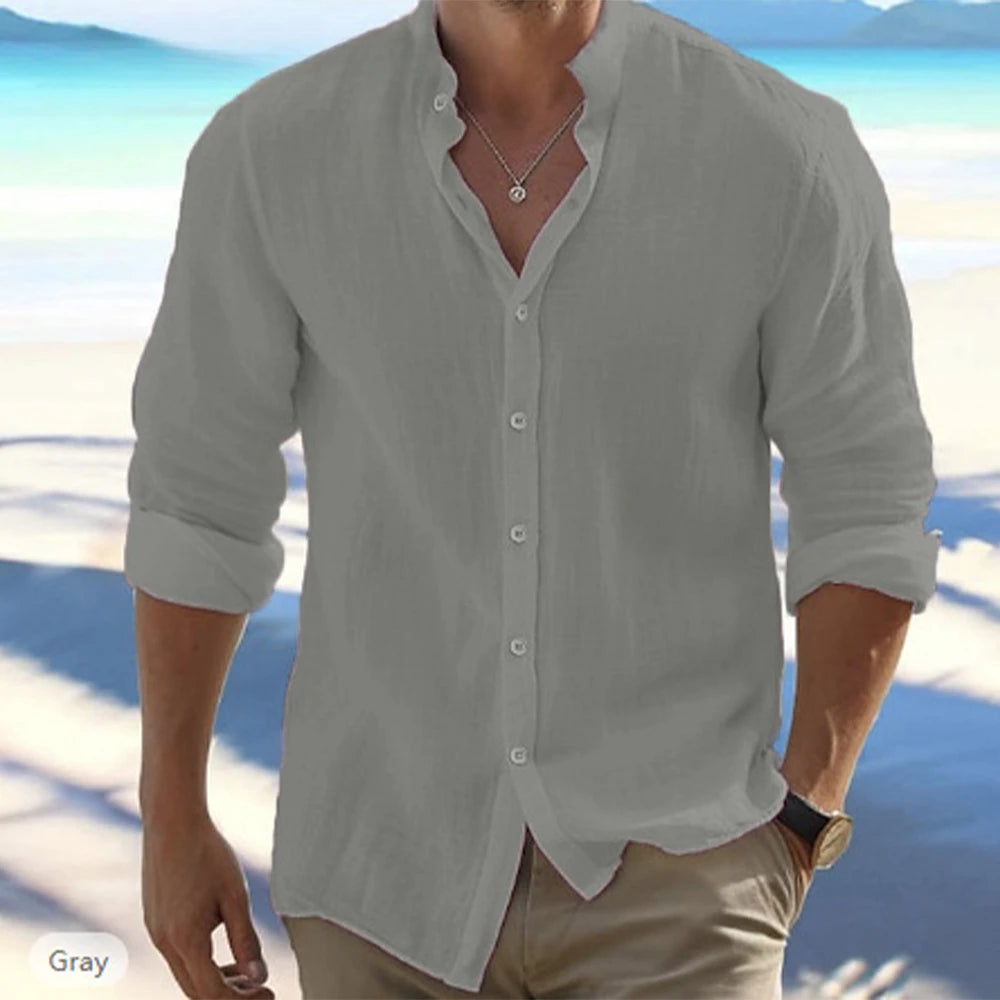 Cotton Linen Hot Sale Men's Long-Sleeved Shirts Summer Solid Color