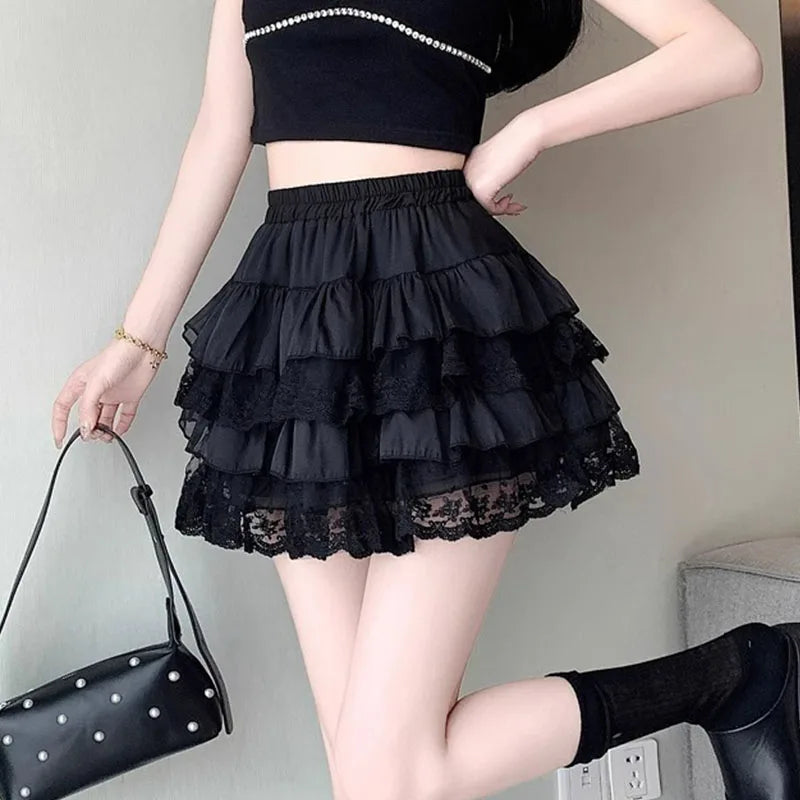 Elastic Gothic Lace Tutu Skirt Women Black Mesh Detail Petticoat Sexy