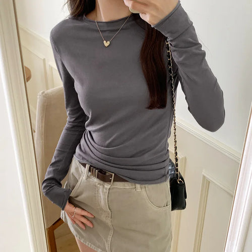 Spring Autumn T shirt Women Tops Solid Slim Fit Long Sleeve O Neck