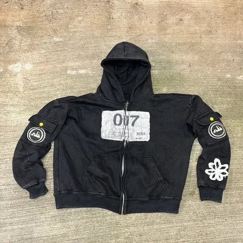 Y2k Vintage Fashion Wash Zip Up Hoodies Men Women Street Harajuku Hip