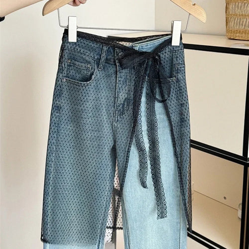 Lace Layered Gauze Skirt with Tie Up Women Vintage Bowknot Print