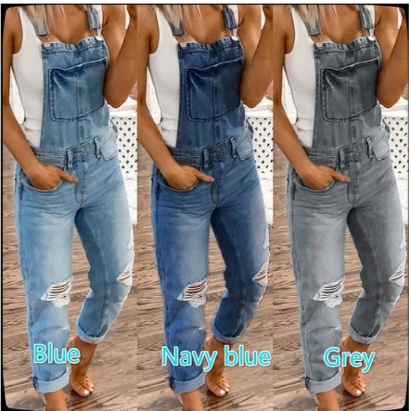 Hot Sale Suspenders Denim Jumpsuit For Women Fashion Ripped Jeans